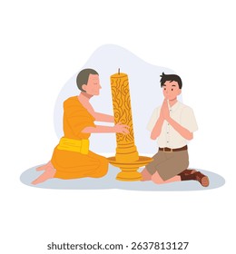 A young Thai student offers a candle to a monk during Khao Phansa at a temple