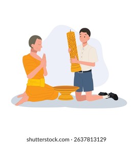 A young Thai student offers a candle to a monk during Khao Phansa at a temple