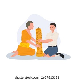 A young Thai student offers a candle to a monk during Khao Phansa at a temple