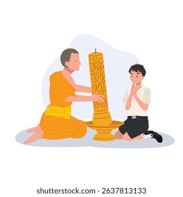 A young Thai student offers a candle to a monk during Khao Phansa at a temple