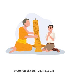 A young Thai student offers a candle to a monk during Khao Phansa at a temple