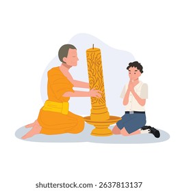 A young Thai student offers a candle to a monk during Khao Phansa at a temple