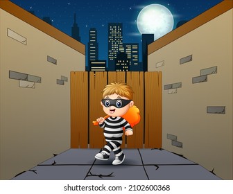 Young thief in the dark night with sack of money