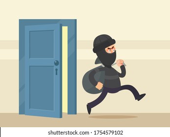 Young thief with a full bag of valuables runs away from home. The thief hacked the front door and stole cash and valuable items from apartment. Vector illustration, flat design cartoon style.