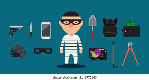 Young Thief And Set Of Tools For Crime, Gun, Knife, Gloves, Mask, Smartphone, Credit Card, Backpack, Pocket Money, Hook And Shovel In Cartoon Style For Graphic Designer, Vector Illustration