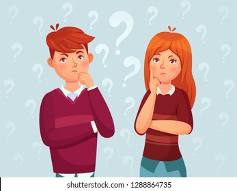 Young Thinking Couple. Confused Teenagers, Worried Thoughtful Students And Teenager Think. Troubled Thinking Confused People Asking Forgotten Thoughts Cartoon Vector Illustration