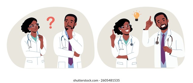 Young Thinking Doctor black woman and man surrounded by a question mark and finding new idea. Shiny light bulb. Flat style cartoon vector illustration. 