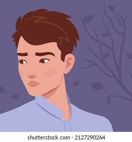 Young thinking handsome man, businessman portrait, serious face. Smart student, guy in formal office wear, head and shoulders close up. Vector flat style creative illustration, tree branch background