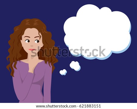 Young thinking woman with though bubble on dark blue background. 