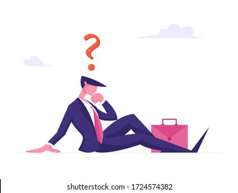 Young Thoughtful Business Man Sitting on Ground with Question Mark above Head. Male Character Searching Solution or Difficult Answer. Faq, Customer Online Service Concept. Cartoon Vector Illustration