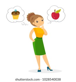 Young thoughtful caucasian white woman choosing between an apple and a cupcake. Concept of choice between healthy and unhealthy nutrition. Vector cartoon illustration isolated on white background. Young thoughtful caucasian white woman choosing between an apple and a cupcake. Concept of choice between healthy and unhealthy nutrition. Vector cartoon illustration isolated on white background.