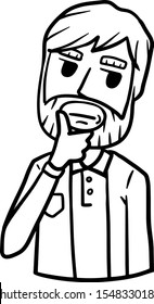 Young thoughtful man hold hand to chin. Dreamy and pensive bearded guy. brooding and wistful emotion. Solve problems. Suspicion and distrust. Cartoon drawn sketch. Gesture of doubt. Complex issue