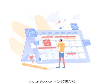 Young thoughtful man looking at giant calendar and choosing available date to visit physician. Doctor appointment scheduling. Health care or medical service. Modern flat cartoon vector illustration.