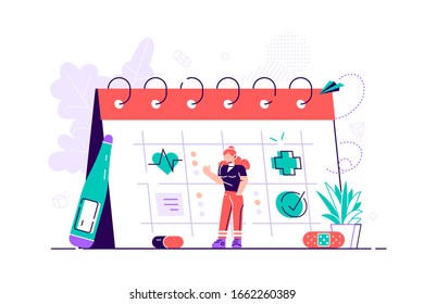 Young thoughtful man looking at giant calendar and choosing available date to visit physician. Doctor appointment scheduling. Health care or medical service. Modern flat cartoon vector illustration.