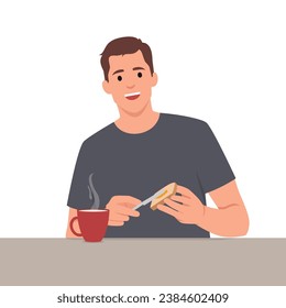 Young thoughtful smiling pensive man boy character making toast spreading butter on bread at breakfast lunch dinner at home kitchen. Flat vector illustration isolated on white background