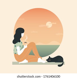 Young thoughtful woman drinking coffee and looking through window while sitting on windowsill at home. cat, tea, sunset, 
cloud, sea, ocean. Thinking, meditating, relaxed concept. Vector illustration.