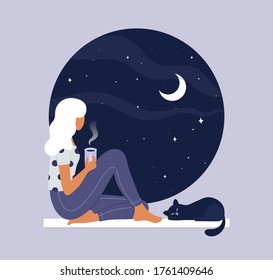 Young thoughtful woman drinking coffee and looking through window while sitting on windowsill at home. cat, tea, new moon, night sky. Thinking, meditating, relaxed concept. Vector illustration.