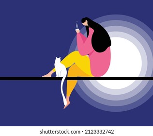 Young Thoughtful Woman Drinking Coffee And Looking Cat. Tea, New Moon, Night Sky. Relaxed Concept. Vector Illustration.
