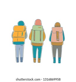 young three backpackers and big bag, vector vintage art style, isolated on white