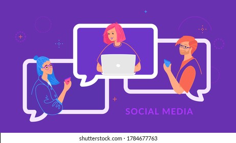 Young three teenagers chatting and texting together in social media using laptop and smartphone. Flat line vector illustration of people in speech bubbles of chat and online conference on purple color