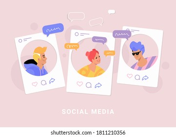 Jóvenes tres adolescentes conversando y mandando mensajes de texto en páginas de medios sociales como perfiles. Ilustración vectorial de línea plana de personas con burbujas de habla y conversación en línea sobre fondo rosa