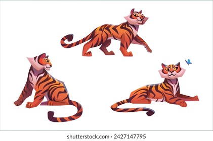 Young tiger cartoon character in different poses with face emotions. Vector illustration set of wild animal with orange fur with black stripes standing, sitting and lying looking to butterfly.