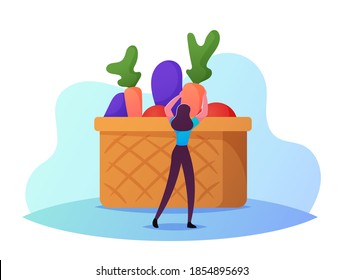 Young Tiny Female Character Stand at Huge Basket with Vegetables. Vegan Food, Healthy Lifestyle and Organic Nutrition, Woman Choose Fresh Natural Fortified Products. Cartoon Vector Illustration