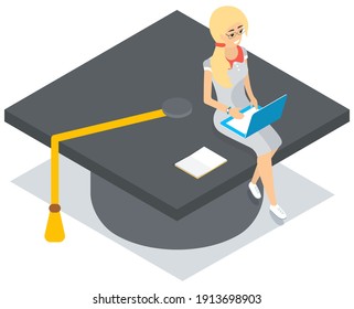 Young tiny girl in glasses sitting with laptop on graduation student hat, higher education online. Undergraduate knowledge. Concept of distance tutorials, studying course for university students