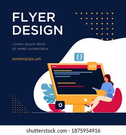 Young tiny girl sitting and coding via laptop. Computer, programmer, code flat vector illustration. IT and digital technology concept for banner, website design or landing web page