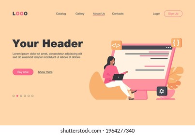 Young tiny girl sitting and coding via laptop. Computer, programmer, code flat vector illustration. IT and digital technology concept for banner, website design or landing web page