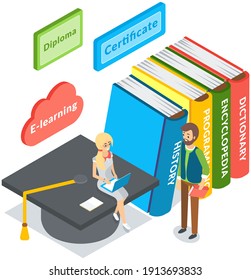 Young tiny girl sitting with laptop on graduation student hat and man standing at stack of books, higher education online. Concept of distance tutorials, studying course for university students