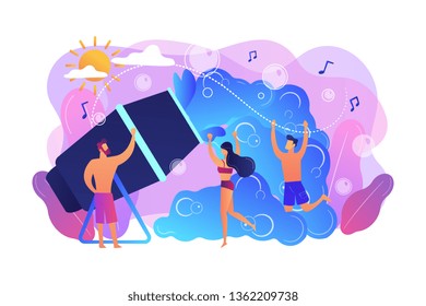 Young tiny people enjoy dancing in bubbles dispensed from foam machine in summer. Foam party, foam machine event, dancing in bubbles concept. Bright vibrant violet vector isolated illustration