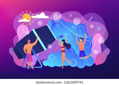 Young tiny people enjoy dancing in bubbles dispensed from foam machine in summer. Foam party, foam machine event, dancing in bubbles concept. Bright vibrant violet vector isolated illustration