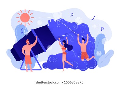 Young tiny people enjoy dancing in bubbles dispensed from foam machine in summer. Foam party, foam machine event, dancing in bubbles concept. Pinkish coral bluevector isolated illustration