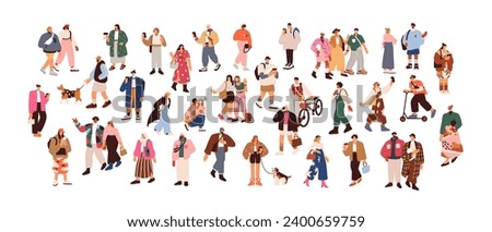 Young tiny people in fashion outfit. Modern men, women characters wear clothes in trendy style. Stylish male, female public, trendsetters crowd. Flat vector illustrations isolated on white background