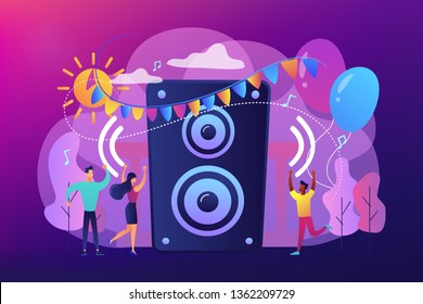 Young tiny people listening to music and dancing in city park at summer party. Open air party, open air event, outdoor dance event concept. Bright vibrant violet vector isolated illustration