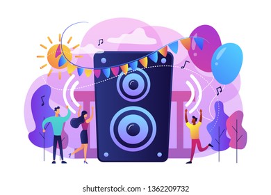 Young tiny people listening to music and dancing in city park at summer party. Open air party, open air event, outdoor dance event concept. Bright vibrant violet vector isolated illustration