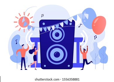 Young tiny people listening to music and dancing in city park at summer party. Open air party, open air event, outdoor dance event concept. Pinkish coral bluevector isolated illustration