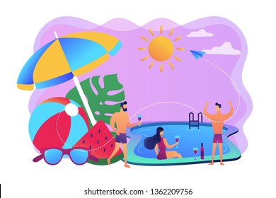 Young tiny people with parasol and ball at the swimming pool have fun drinking wine. Pool party, dance swim drink, swimming pool activity concept. Bright vibrant violet vector isolated illustration