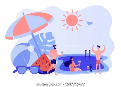 Young tiny people with parasol and ball at the swimming pool have fun drinking wine. Pool party, dance swim drink, swimming pool activity concept. Pinkish coral bluevector isolated illustration