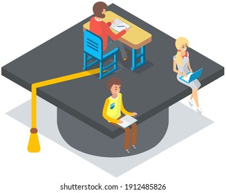 Young tiny people sitting with laptops at desk on graduation student hat, higher education online. Undergraduate knowledge. Concept of distance tutorials, studying course for university students