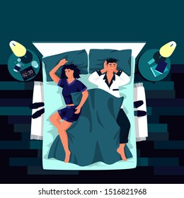 Young tired couple suffering from insomnia. Vector flat cartoon illustration. Sleepless man and woman in night bedroom. Stress, depression and sleeping problems concept.