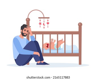 Young tired dad at night with baby crying on crib. Unhappy daddy, exhausted and stressed, next to the newborn's crib. Child is crying hysterically and pulling up the handles. Vector illustration
