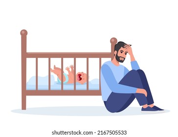 Young tired dad at night with baby crying on crib. Unhappy daddy, exhausted and stressed, next to the newborn's crib. Child is crying hysterically and pulling up the handles. Vector illustration