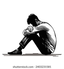 young tired depressed male man sitting alone at floor bowed his head on knee cartoon silhouette black character png, sad thoughts anxiety vector illustration thinking about problems, stress, confused