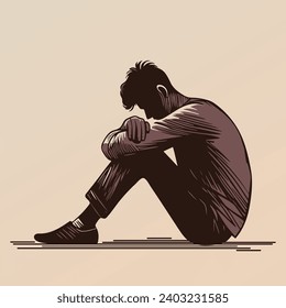 young tired depressed male man sitting alone at floor bowed his head on knee cartoon character, sad thoughts anxiety vector illustration thinking about problems, stress, confused, bankruptcy, lose cry