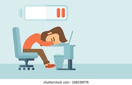 Young tired employee sitting, lying on his table with low power sign on the top of his head need rest, vacation, holiday. A contemporary style with pastel palette, soft blue tinted background. Vector