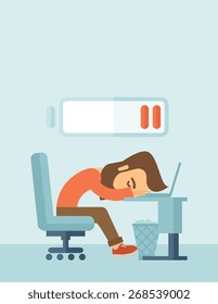 Young tired employee sitting, lying on his table with low power sign on the top of his head need rest, vacation, holiday. A contemporary style with pastel palette, soft blue tinted background. Vector