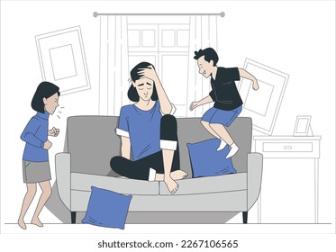 Young tired single mother suffers from headache closed eyes touch forehead sitting on couch while her daughter and son running around her and shouting, female babysitter feels exhausted by noisy kids