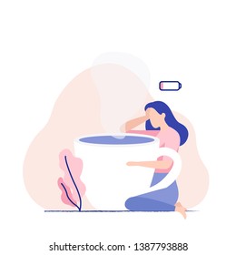 Young tired woman with giant cup of coffee. Low battery concept character. Flat stylish vector illustration.